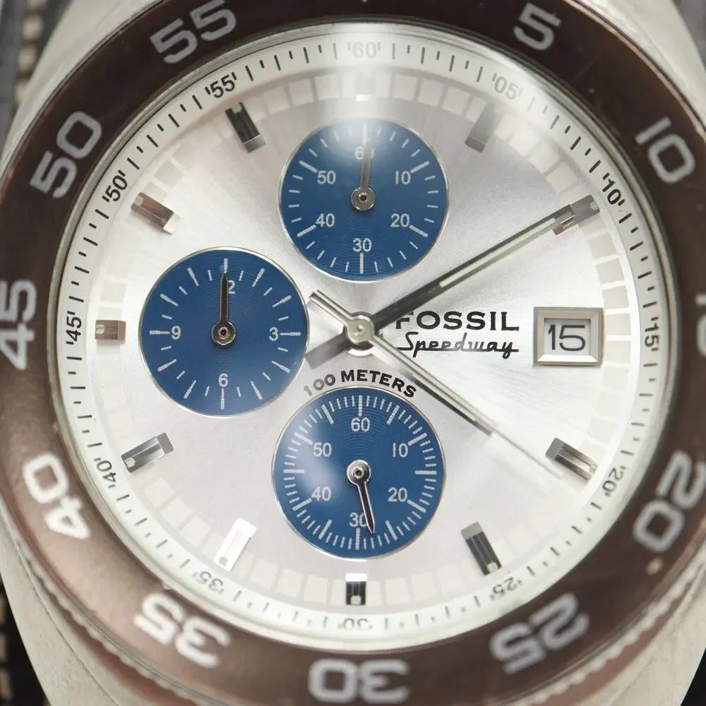 Fossil Speedway Chronograph 40mm Watch Brown Bezel Blue Sub Black Leather CH2337